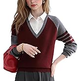 LAI MENG FIVE CATS Women's V-Neck Casual Collared 2 in 1 Pullover Top Long Sleeve Shirt Striped Contrast Blouse