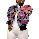 AUGCONE Women's Casual Jackets Cropped Long Sleeve Floral Print Shacket Bomber Coat