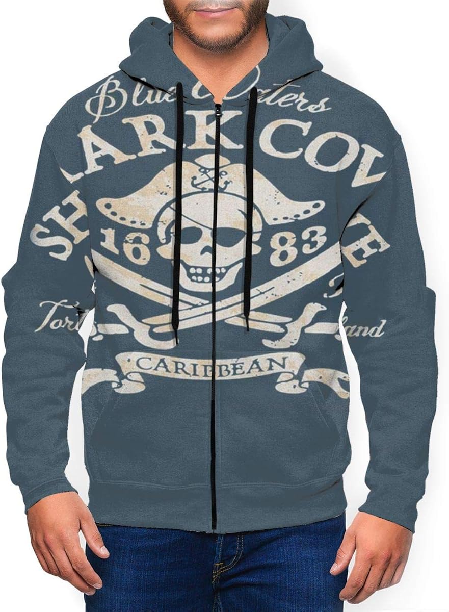Retro Pirate Shark Cove Tortuga Island Men's 3D Hoodie Full Zip Graphic Sweatshirts Pullover Casual Pocket Jacket