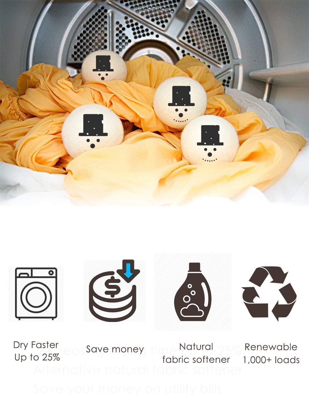 OHOCO Wool Dryer Balls 6 XL Pack from Organic Natural Wool for Laundry, Fabric Softening - Anti Static, Baby Safe, No Lint, Odorless and Reusable, Snowman