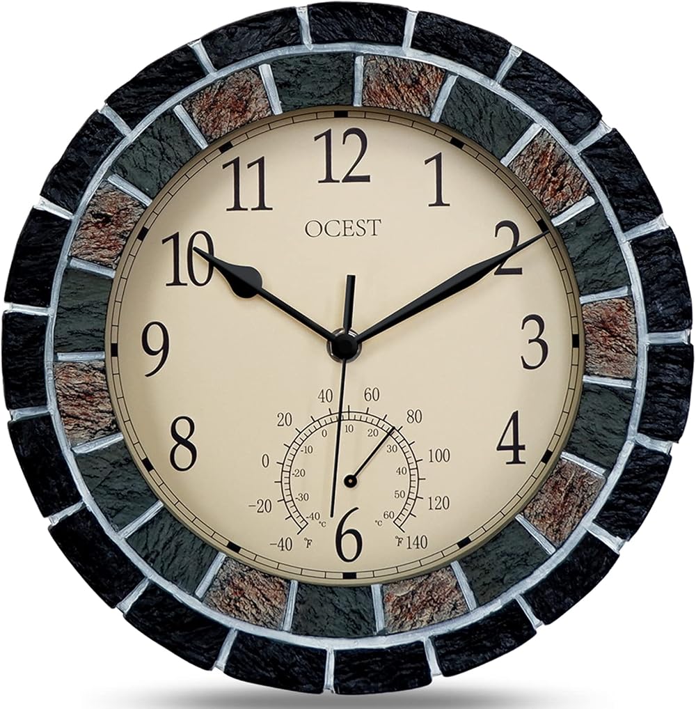 OCEST 10.5 Inch Waterproof Garden Clock with Thermometer, Silent Operation