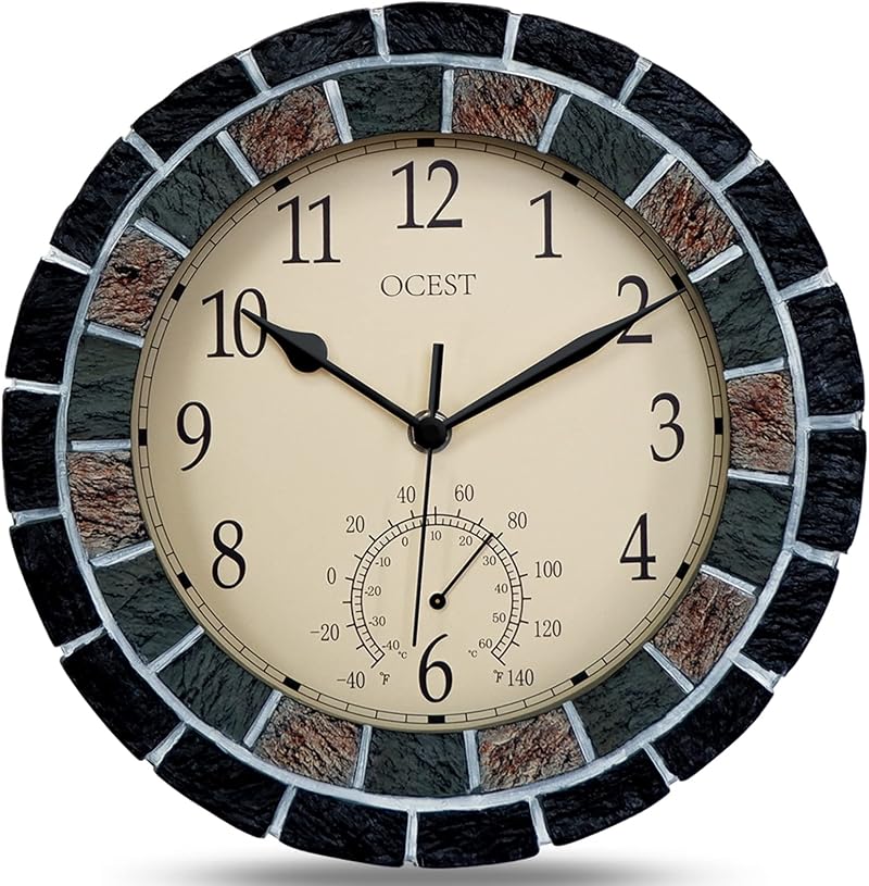 OCEST 10.5 Inch Waterproof Garden Clock with Thermometer, Silent Operation