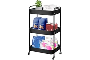 ZOES HOMEWARE 3 Tier Rolling Cart, Metal Utility Cart, Rolling Storage cart on Wheels, Small Organizer Cart for Nursery, Kitchen, Living Room, Bathroom, Black