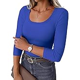 GKBK Womens 3/4 Sleeve Scoop Neck Top Ribbed Knit Slim Fitted Casual Basic Tee Shirts 2025 Fall Trendy Work T-Shirt Outfits