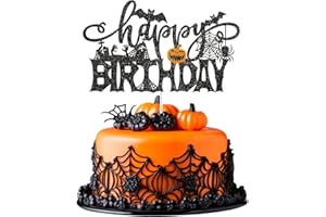 PRETYPS Halloween Happy Birthday Cake Topper, Glitter Spooky Bat Black Cake Decorations for Boys Girls, Creepy Themed Birthday Sign Party Decor Party Supplies