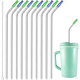 Patelai 10 Pieces 14 Inch Stainless Steel Straw Extra Long Reusable Bent Straw for 100 oz Tumblers with 10 Silicone Tips and 1 Cleaning Brush for Tall Cups, Wide Insulated Travel Mug(Silver)