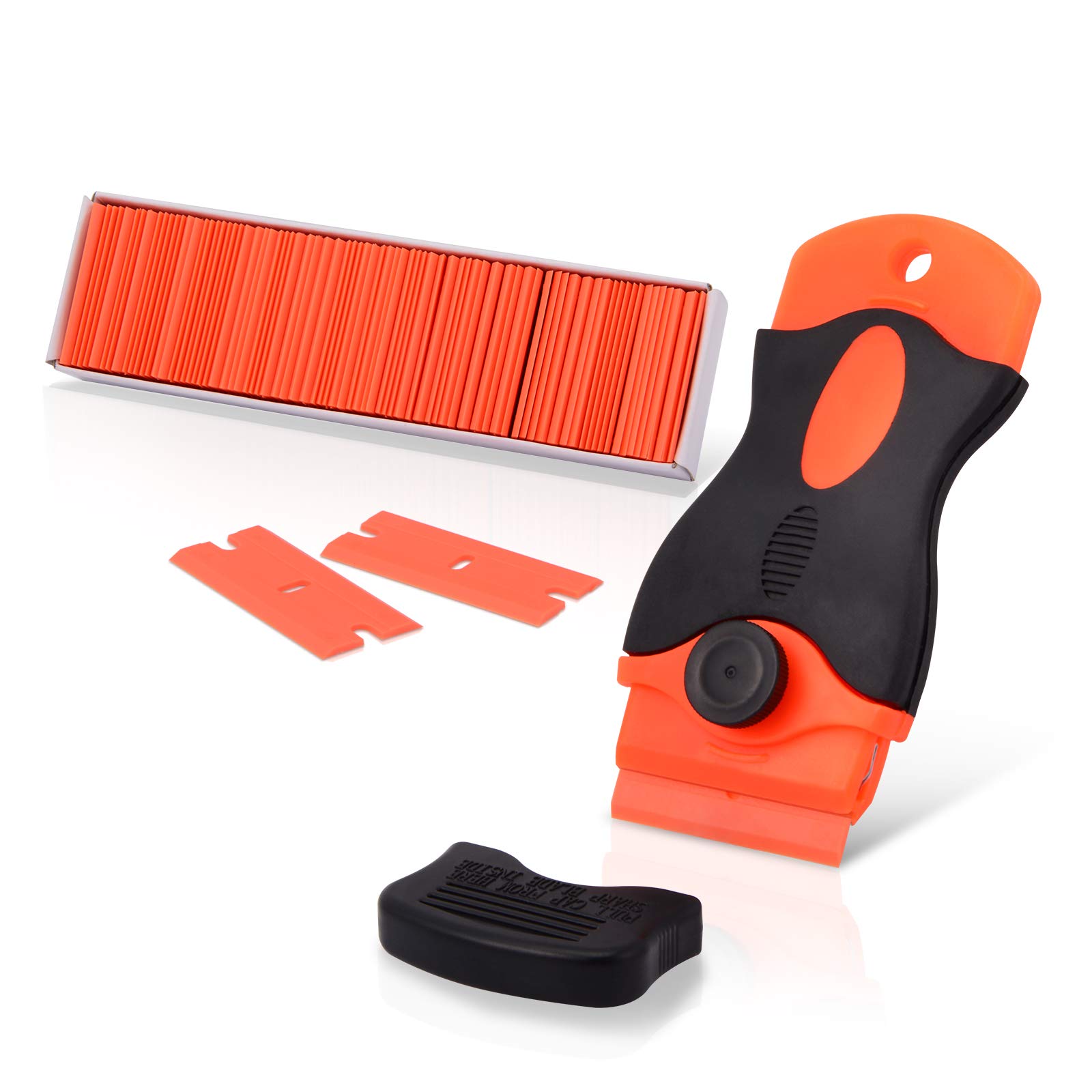 Ehdis Plastic Scraper with 100 Plastic Razor Blade, Adhesive Remover, Sticky Remover for Removing Lable, Glue, Decal in The Glass, Window, Floor, Orange