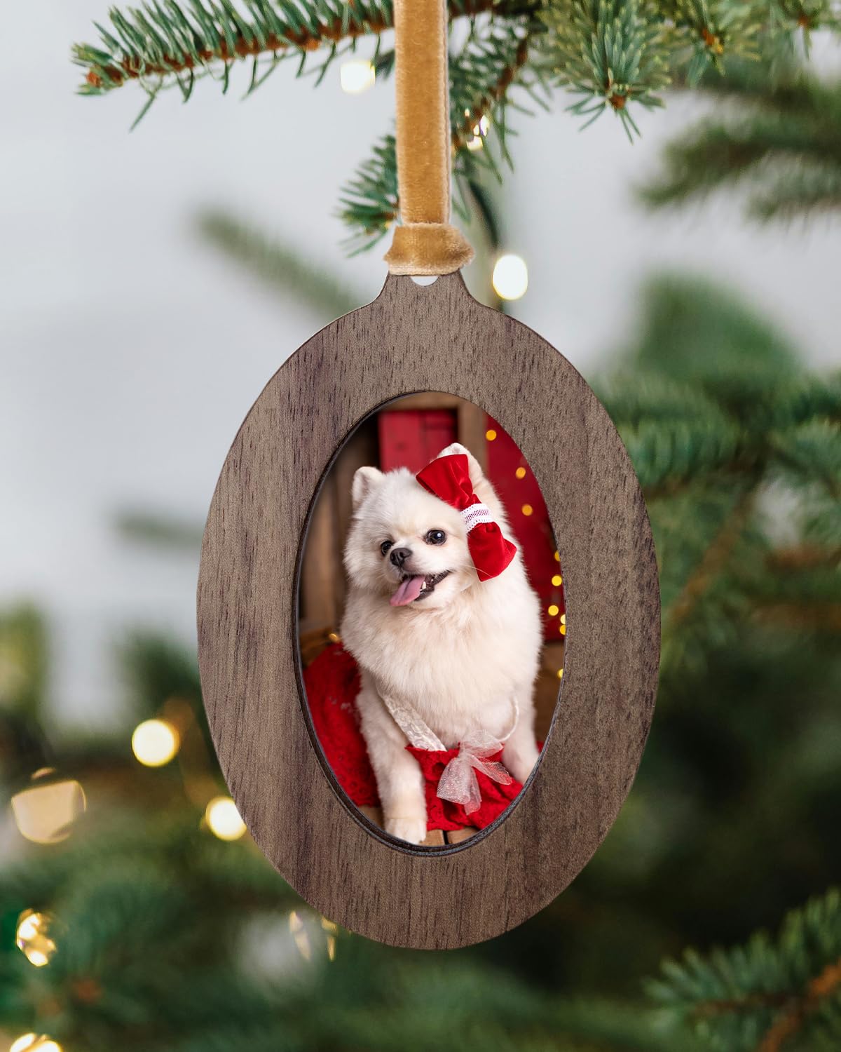 View 1 of 2025 Mini Vintage Christmas Picture Frame Ornaments - 3 Pack 2x3 Inch Rustic Oval Walnut Wood Photo Ornament, Tree Ornaments with Velvet Ribbon, DIY Memory Keepsake Gift/Dynmeow Soft and Breathable Cotton Dog Collar, Durable Adjustable Boy Pet Collar with