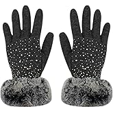 JUMISEE Women Luxurious Rhinestones Winter Gloves Warm Fleece Lined Touchscreen Mittens with Faux Fur Cuffs