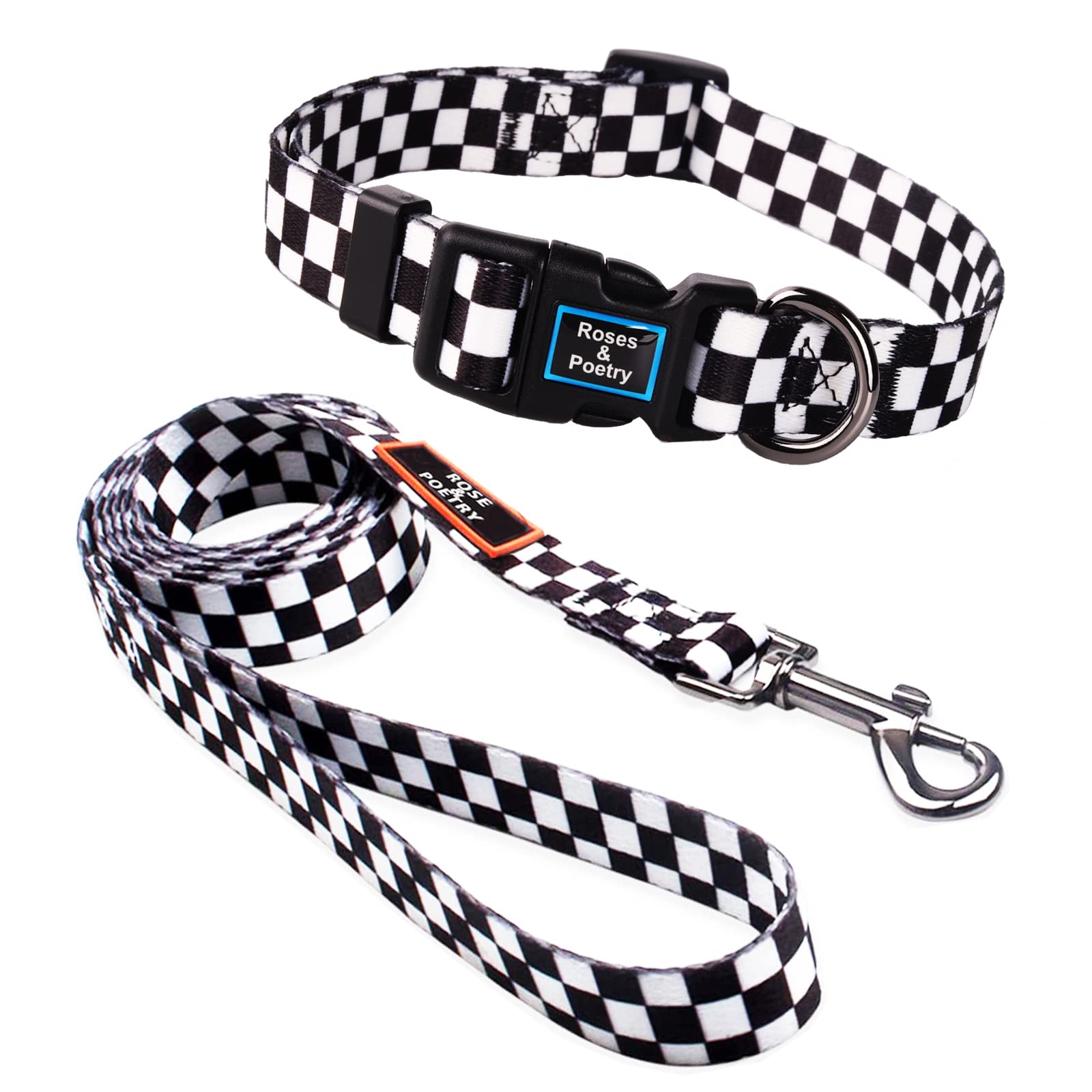 Roses&Poetry Dog Collar and Lead for Medium Large,Adjustable Durable 5ft Puppy Leash Collar for Dog Training Lead（Black & White-L）