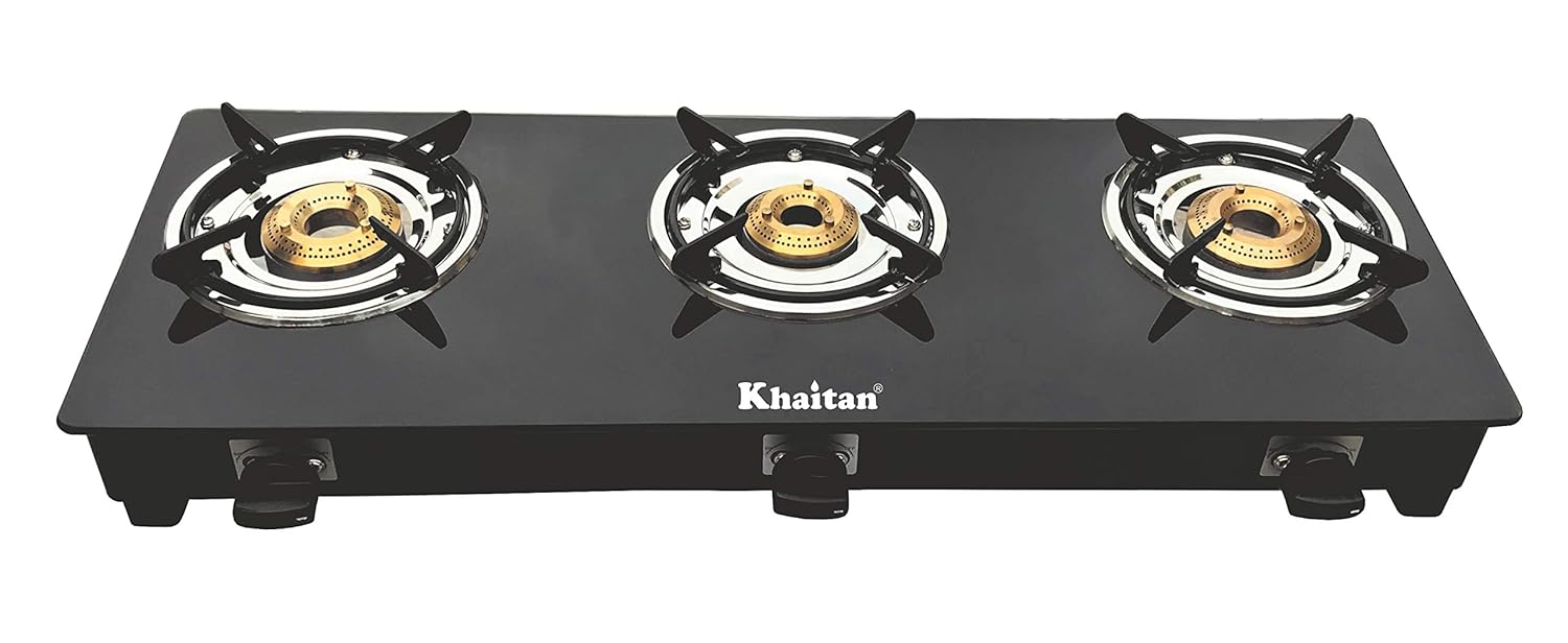 Buy Khaitan Gas Stove 3 Burner JIO Premium Black Manual Toughened Glass Brass Burner Cooktop