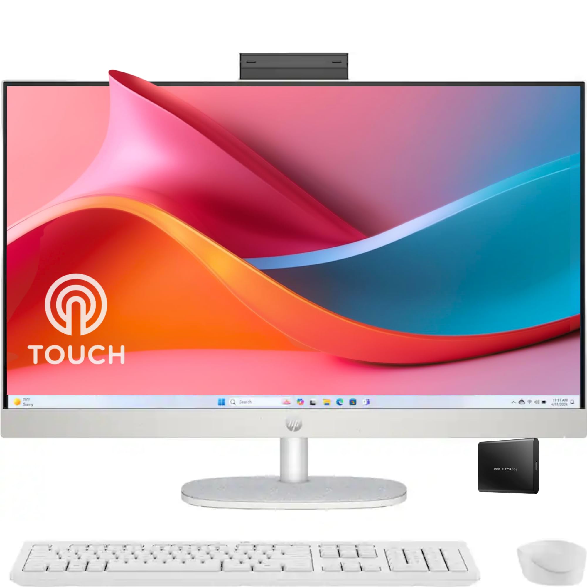 HP 27" FHD Touchscreen All-in-One Desktop Computer, 16GB DDR5 RAM, 1TB SSD Storage, AMD Ryzen 5 7520U Processor, WiFi6, Wireless Keyboard & Mouse, Windows 11