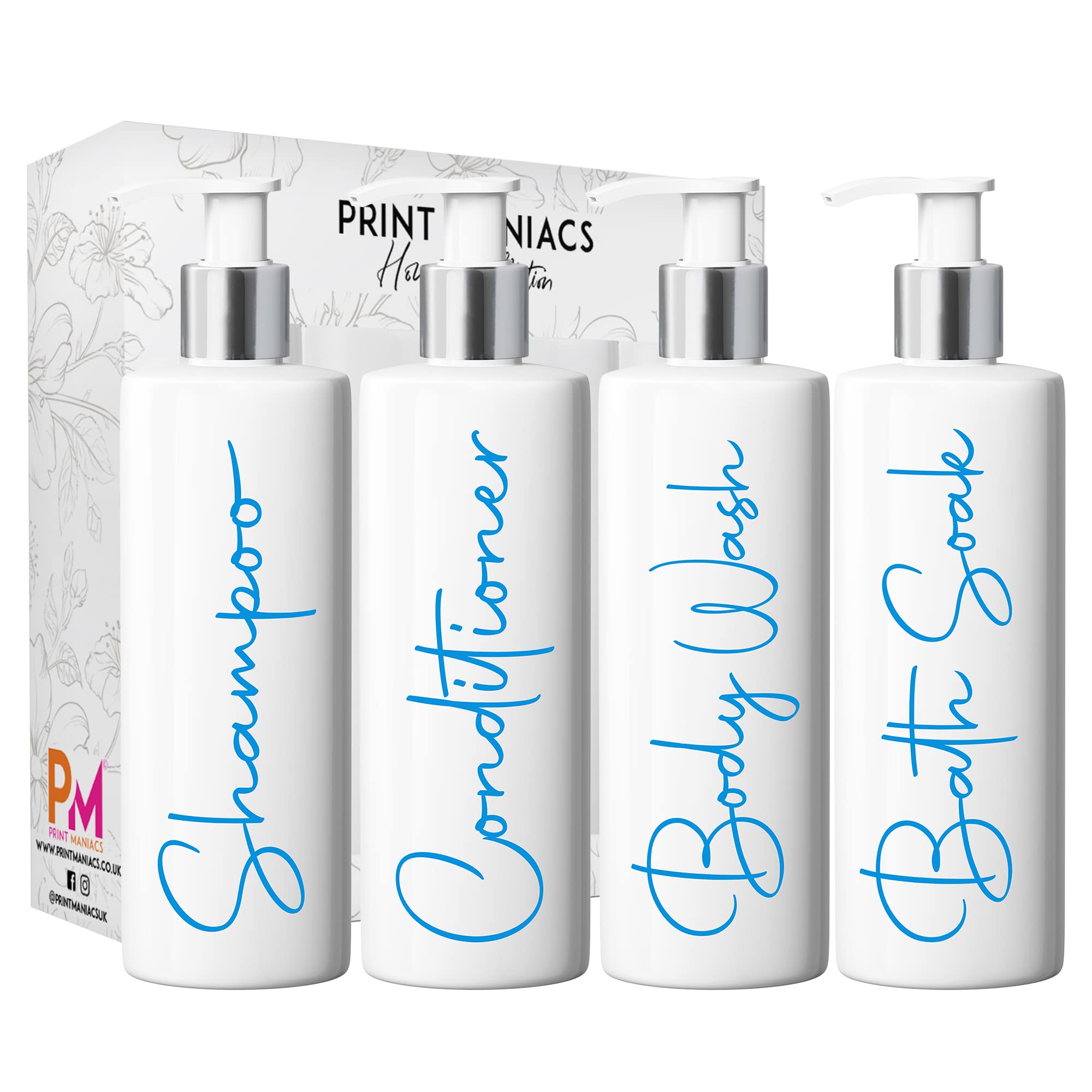 Print Maniacs Mrs Hinch Inspired White Personalised Pump Bottles Bathroom Kitchen Set Shampoo Conditioner Body Wash Bath Soak (F2) (Blue)