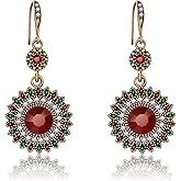 AILUOR Vintage Round Blue Sapphire Sunflowers Dangle Earrings, Women's Unique Retro Colorful Ethnic Bohemian Earrings Jewelry for Women