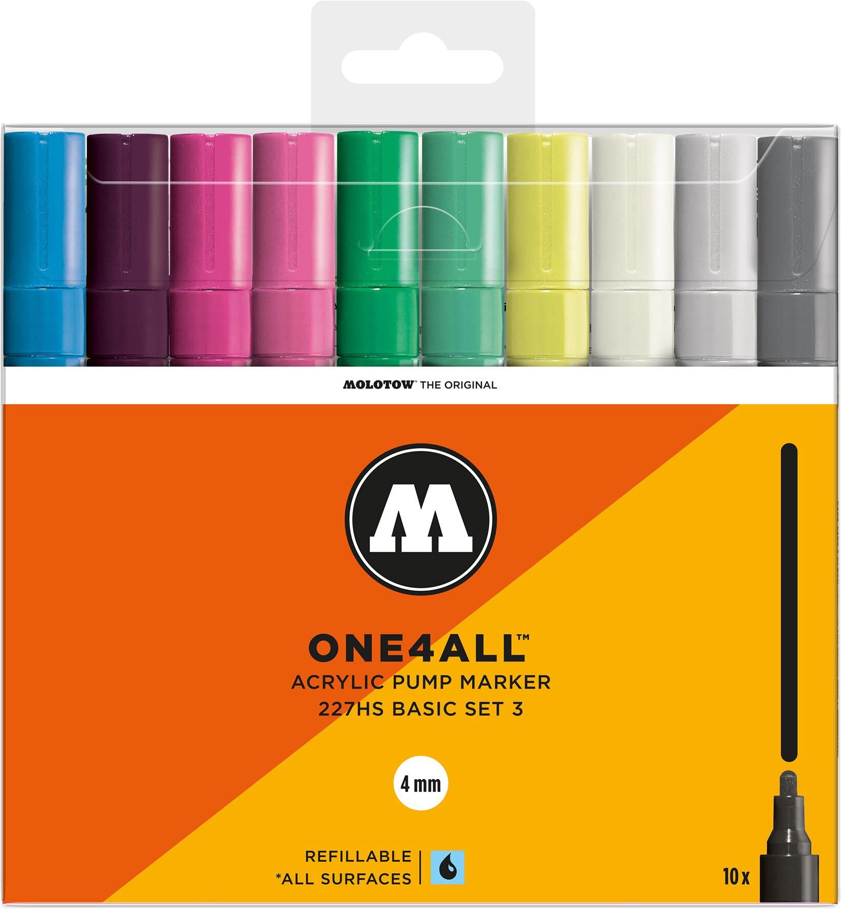 Molotow One4All 227HS Acrylic Pens, High Opacity and Permanent, UV-Resistant for Almost All Surfaces Case Basic Set 3 Pack of 10 Multicoloured