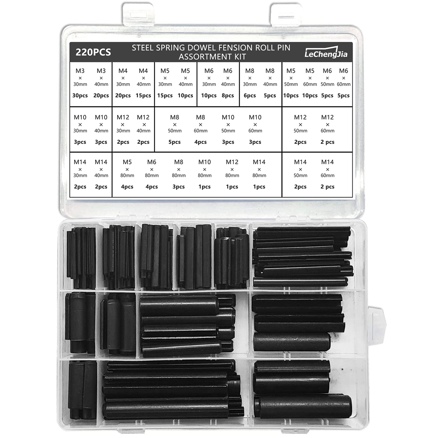 220 Pcs Slotted Spring Pin, Steel Roll Pins, Assortment Set Steel, Metal Hollow Spring Pins, Removable And Reusable (34 Different Models) Black