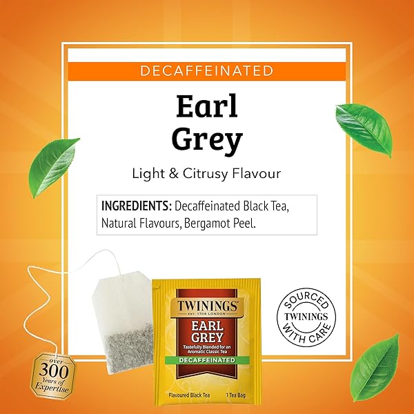 TWININGS DECAFFEINATED EARL GREY BLACK TEA INDIVIDUALLY WRAPPED BAGS, 20 COUNT (PACK OF 1), FLAVOURED WITH CITRUS AND BERGAMOT, ENJOY HOT OR ICED, 20 TEABAGS