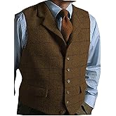 Mens Casual Plaid Suit Vest Tweed Slim Fit Waistcoat for Wedding Groomsmen