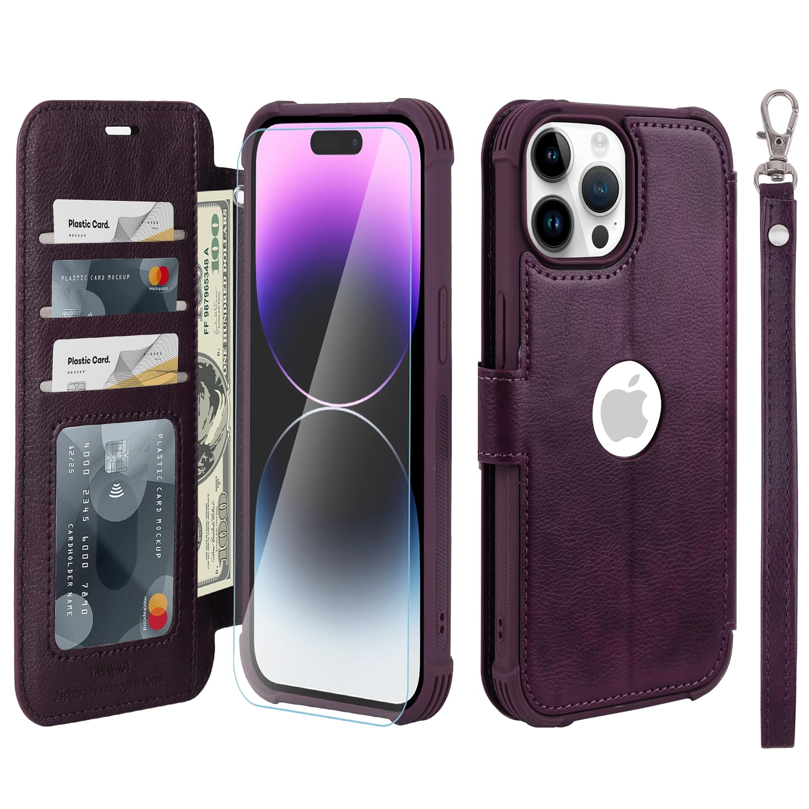 VANAVAGY Compatible for iPhone 14 Pro Wallet Case, 12ft Drop Protection, RFID Blocking PU Leather Flip Cover, Card Holder & Kickstand, Shockproof Phone Case for 14 Pro-6.1 Inch,Purple