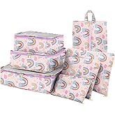 BHAHB Packing Cubes for Kids 7 Set Travel Luggage Organizers for Suitcase Travel Accessories with Shoe Bag for Kids Women Girls Cute Aesthetic Art-Pink Rainbow