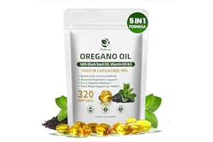LUKAREE 5-IN-1 Oil of Oregano with Black Seed Oil, 99% Carvacrol | Thymoquinone 320 Count Organic Oregano Oil Capsules , Vitamin D3/E/Black Pepper for Absorption, Supports Immune/Gut/Respiratory, Non-GMO
