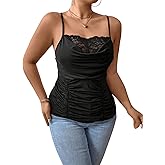 SOLY HUX Women's Plus Size Lace Trim Ruched Cami Tops Spaghetti Strap Draped Front Camisole