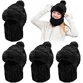 Cutecrop 4 Pcs Women 3 in 1 Winter Knit Beanie Hat Scarf Circle Knit Mask Soft Lined Snow Caps Plush Earmuff Hat with Pompom