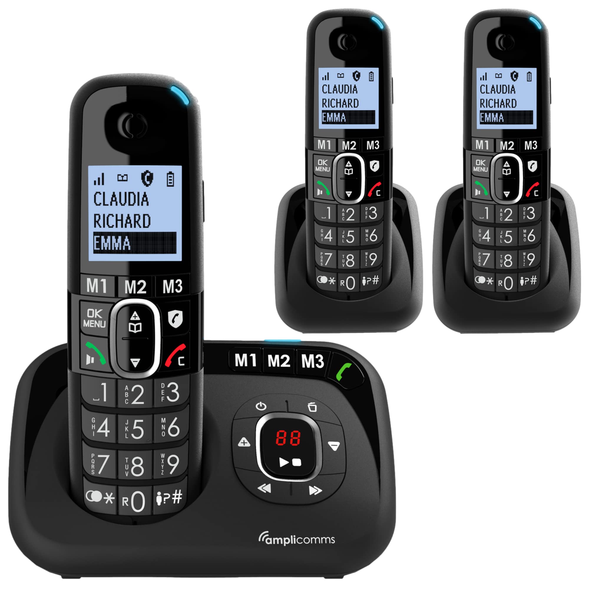 Amplicomms BigTel 1583 Cordless Big Button Phone for Elderly with Answer Machine and 2 Additional Handsets - Loud Phones for Hard of Hearing - Hearing Aid Compatible