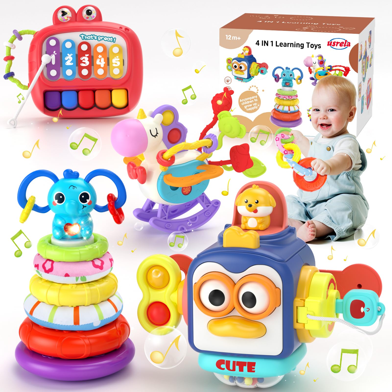 Photo 1 of usrela 4 in 1 Baby Toys for 6 12 18 Month, Learning Toys for Babies 6-12 Months, Busy Cube, Stacking Sorter, Piano Xylophone Pull String Travel Toy, Birthday Gifts for Toddlers 1 2 Years Old