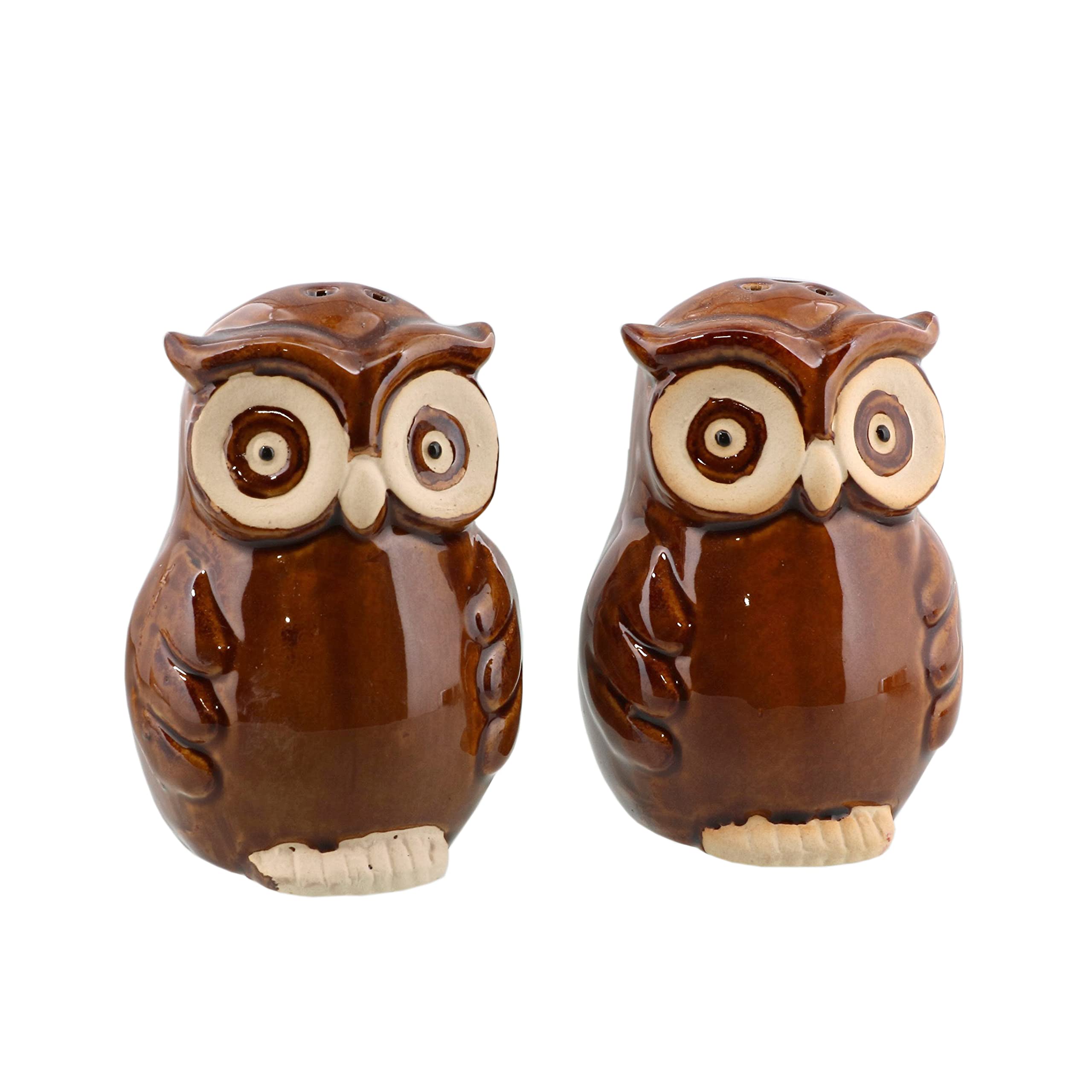 Servette Home Ceramic Owl Salt and Pepper Shaker Collectors Kitchen Décor - Brown