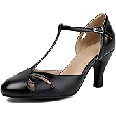 Elerhythm Women's Mary Jane Vintage T Strap Closed Round Toe Heels Retro 1950s Pumps 1920s Victorian Shoes