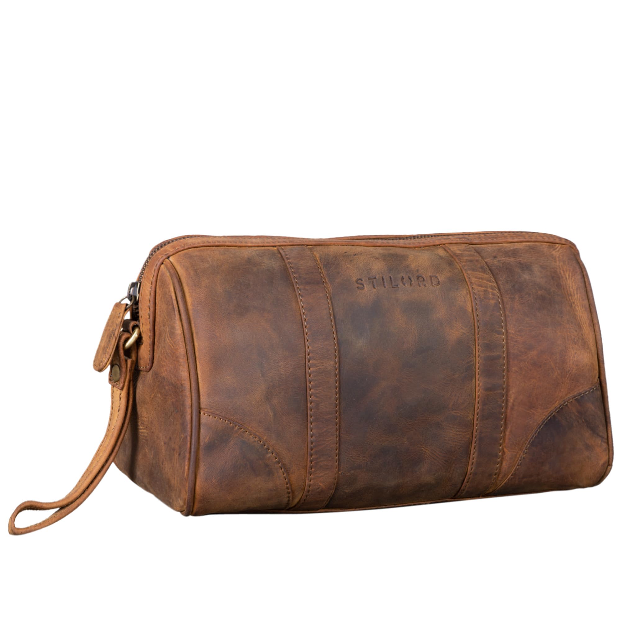 STILORD "Charles" Toilet Bag Leather Large Vintage Design for Men and Women Wash Bag Cosmetic Bag with Handle Colour:Middle Brown