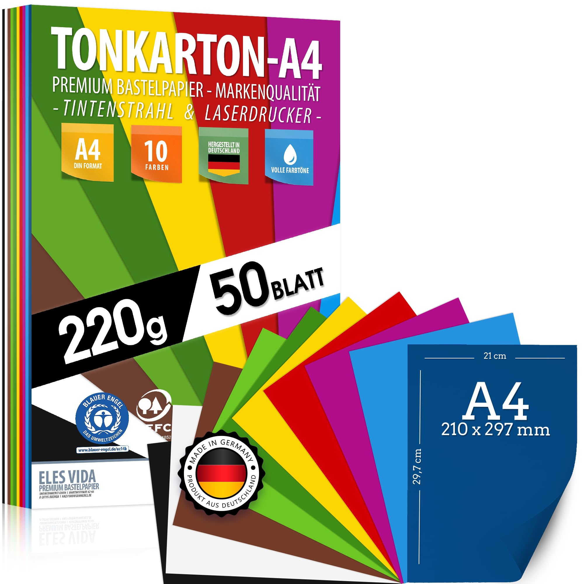 50 sheets of colored paper CARDBOARD A4 - 220 g set 10 colors - craft paper thick, colored sheets - cardboard for children, cardstock accessories - photo albums gifts, creative needs, MADE IN GERMANY