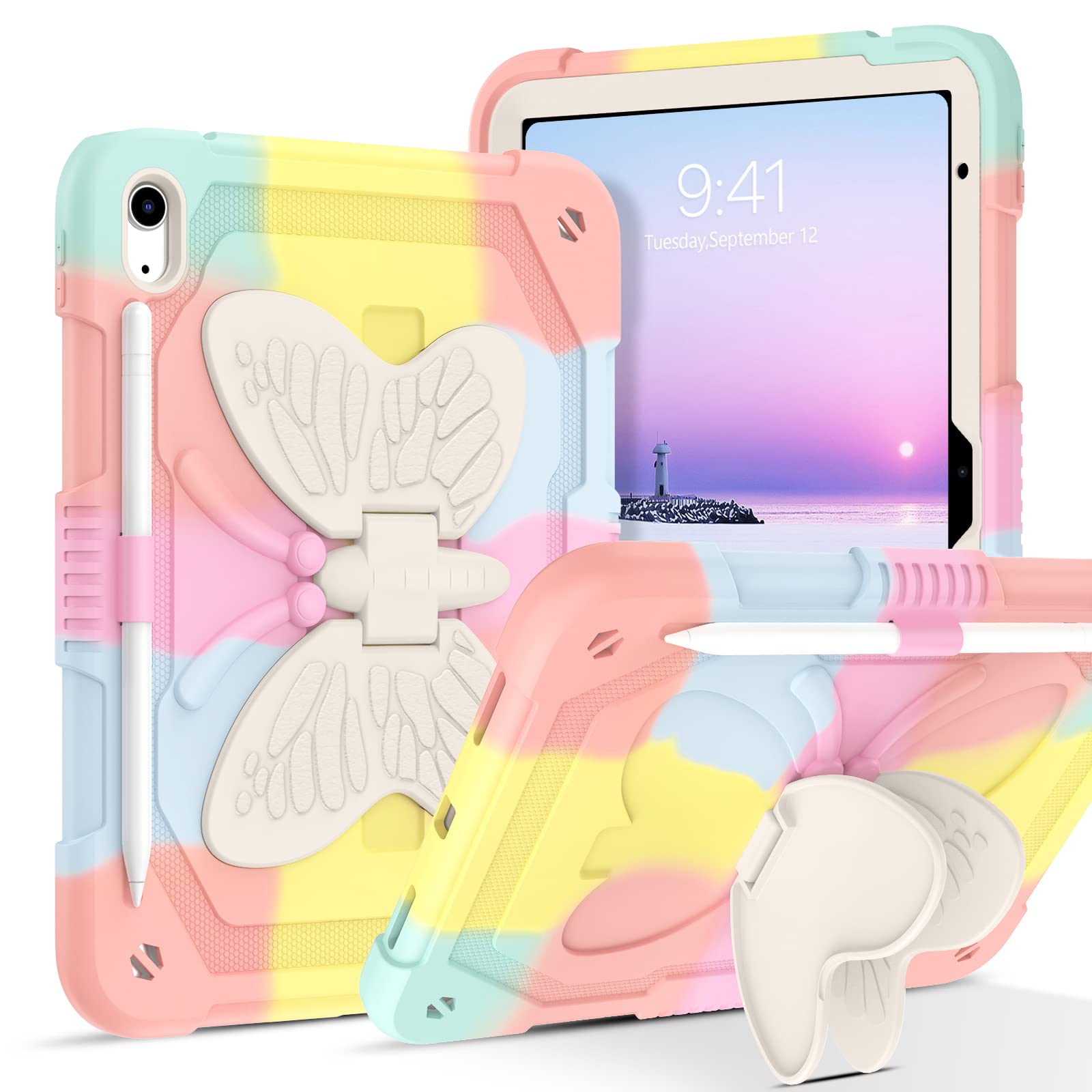 BENTOBEN Kids Case for iPad (A16) 11th Generation 11 Inch 2025, iPad 10th Generation 10.9 Inch 2022, Heavy Duty Shockproof Protective Case with Butterfly Kickstand Pencil Holder for iPad A16, Rainbow