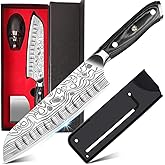 MOSFiATA Santoku Knife- 7 Inch Vegetable Knife Ultra Sharp Chopping Knife- Forged EN.4116 German Steel- Including Sheath,Finger Guard,Knife Sharpener,Full Tang,Best Gifts with Handmade Gift Box