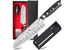 Santoku Knife - MOSFiATA 7" Super Sharp Professional Kitchen Cooking Knife with Finger Guard and Knife Sharpener, German High