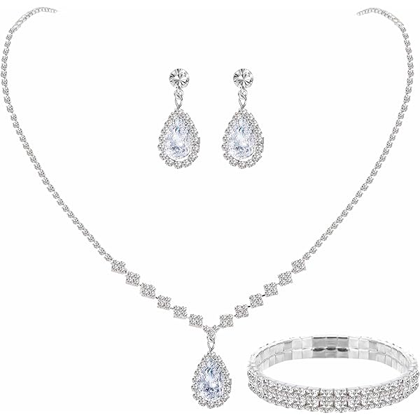 3UMeter Women's Jewelry Set - Necklace, Earrings & Bracelet With White Gold Plating & Cubic Zirconia