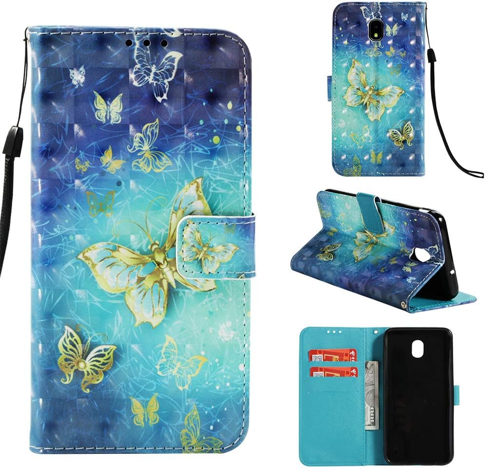 Voanice for Galaxy J3 2018 Case / J3 Achieve /J3 Orbit /J3 Express Prime 3 / Amp Prime 3/ Sol 3/ J3 Star PU Leather Wallet with Card Slots Holder and Stand Flip Protective Cover &Stylus-Blue Butterfly