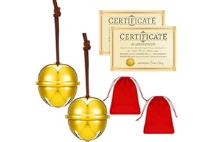 Poen 2 Sets Polar Sleigh Bell Gift 2 Inch Christmas Believe Bells and Certificate of Authenticity Red Velvet Gift Bags Sleigh Bells Reindeer Ornaments for Xmas Party(Gold,Simple)