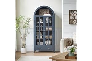 Farmhouse Arched Cabinet with Glass Doors, Wood Display Cabinet with Drawer and Adjustable Shelves, 71” Tall Bookshelf Modern