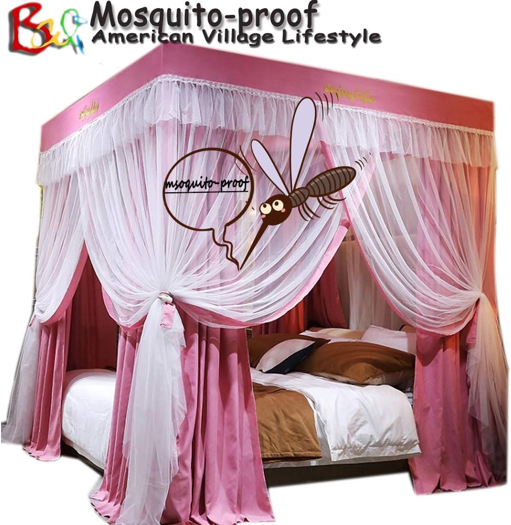 Homepingnew 2-in-1 Princess 4 Four Corner Post Bed Curtain Canopy with Mosquito Net Windproof America Village for Girl Boys Kids Teen Girls Home Bedroom Decoration (Type2-Pink, Twin)