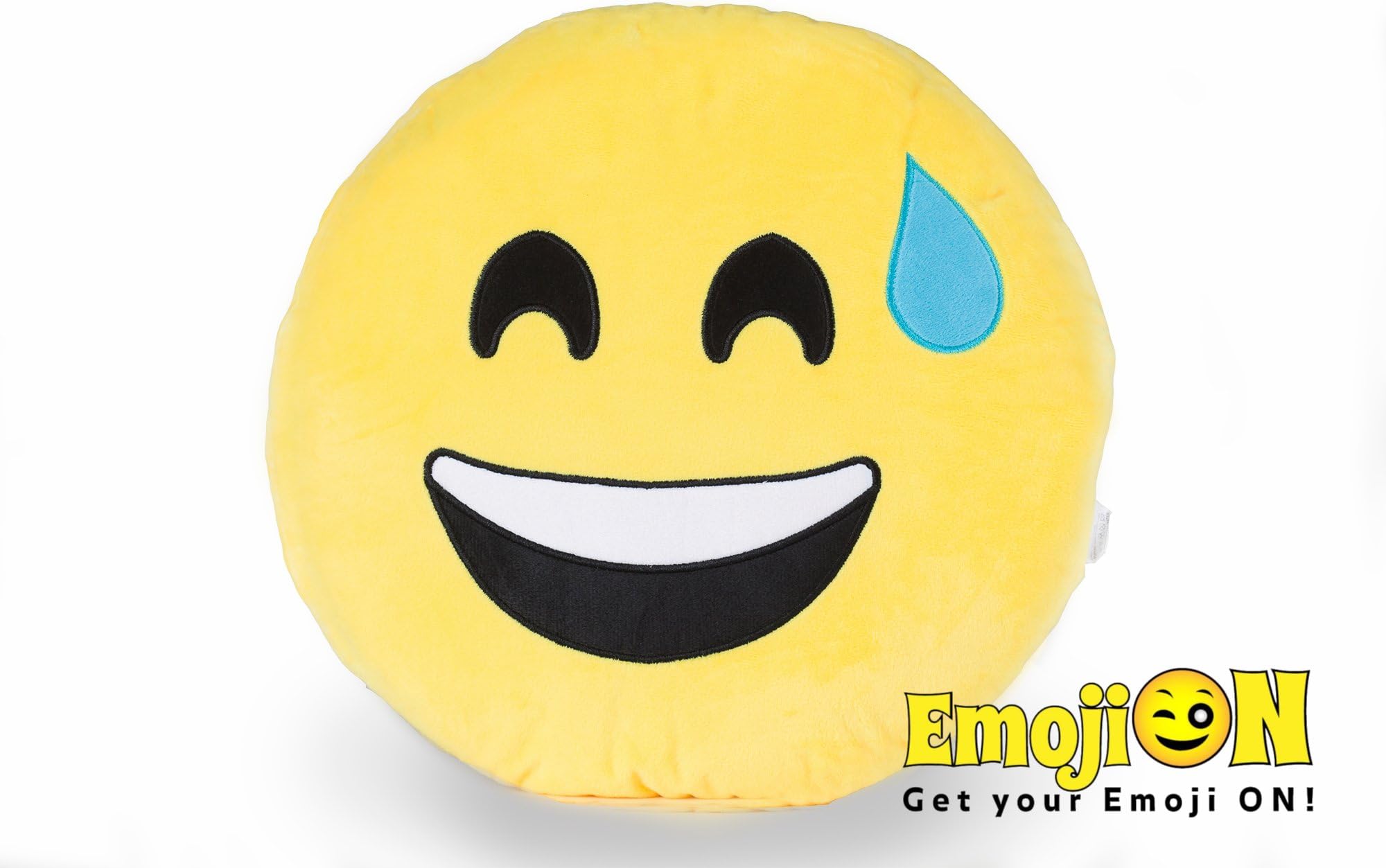 Stuffed Plush Emoji Pillow by EmojiON โ Round Smiley Emoticon Pillow โ Ultra Soft Plush Toy โ Cute Bed Pillow, Fun Chair Cushion โ Fluffy, Extra Large Pillow โ Sweating โ 14 inch (35cm)