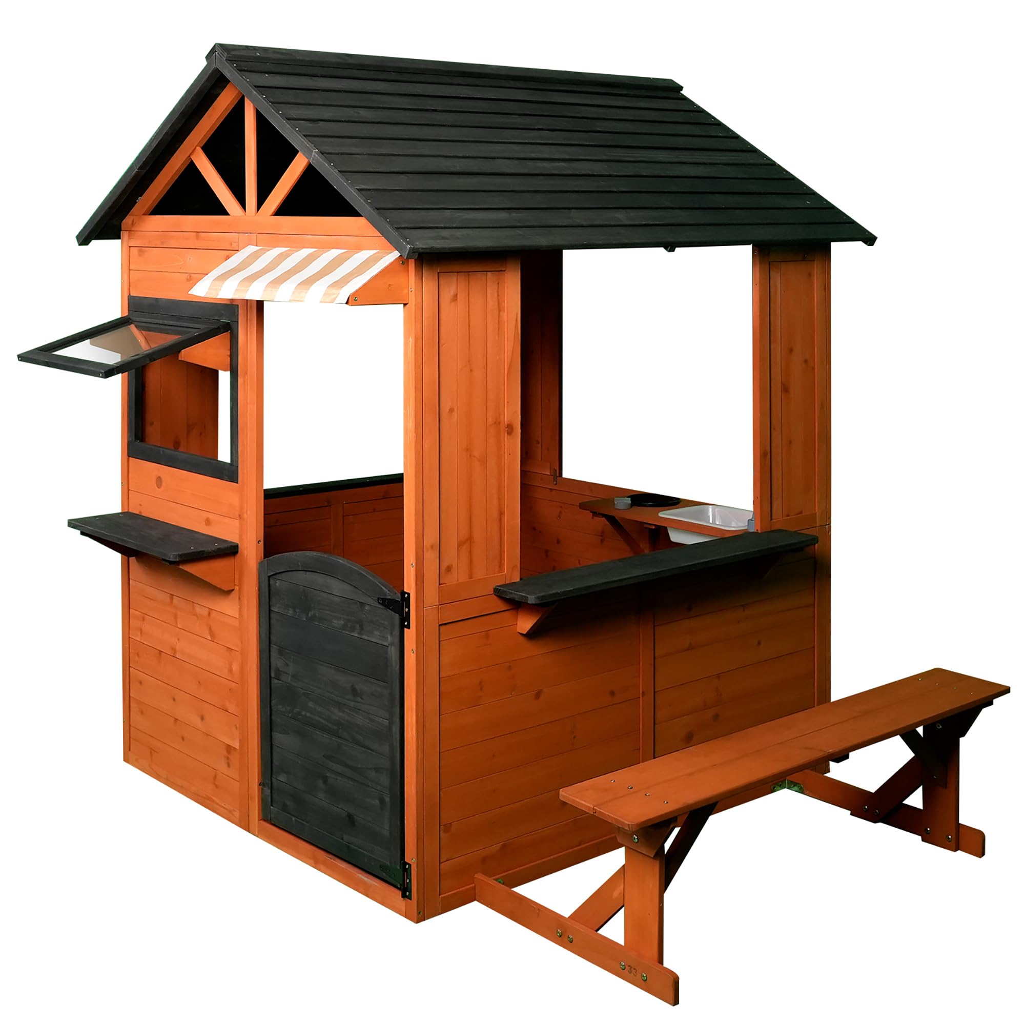 Easy Playhouse: Big Outdoor Wooden Playhouse - Working Door & Windows, Side Serving Station & Bench, Sink & Stove, Backyard Creative Toy Home, Kids 3+ Image