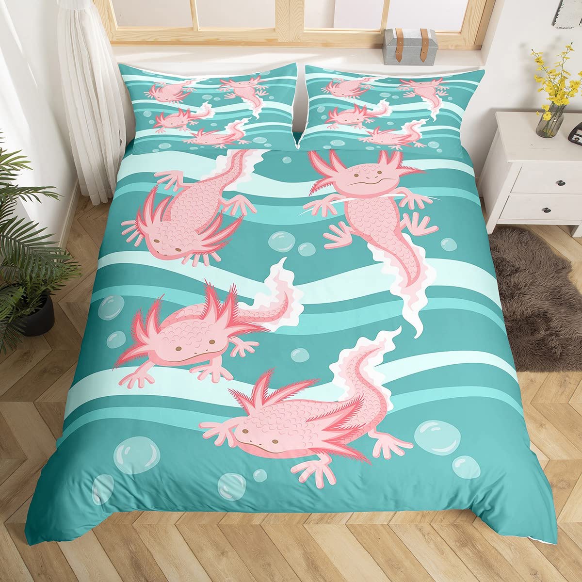 Cartoon Axolotl Duvet Cover Kawaii Axolotl Bedding Set Green 3D Animals Comforter Cover for Boys Girls Children Teens Salamander Bedspread Cover King Size