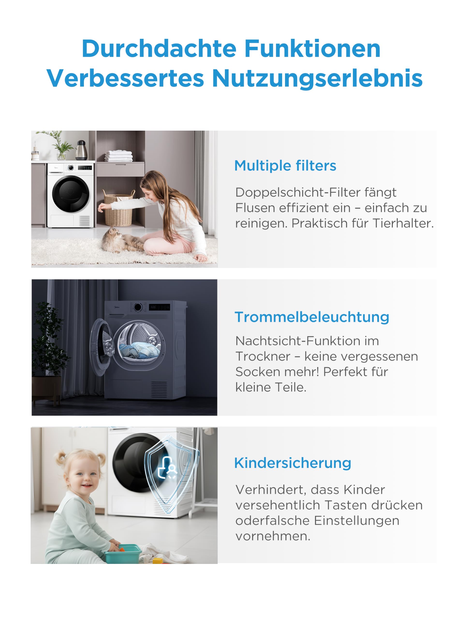 Midea MD11EH80BD Wärmepumpentrockner, 8 kg, Energieklasse D, Schnelltrocknen 35', HealthGuard, Sensor-Trocknung,Auffrischen,Knitterschutz, Auffrischen Wolle, Weiß 9