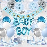 Blue Baby Shower Decorations with Grey Paper Pom Poms Metallic Silver Light Blue Balloons Banner for Gender Reveal Baby Shower Birthday Party Decorations