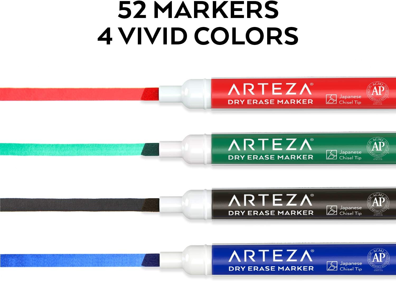 ARTEZA Dry Erase Markers, Bulk Pack of 52 (with Chisel Tip), 4 Assorted Colors with Low-Odor Ink, Whiteboard Pens is Perfect for School, Office, or Home : Office Products