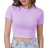 SanaRazo Short Sleeve Crop Tops for Women Trendy Cotton Slim Fitted Tees Basic Tshirts Tight Cropped T Shirts Crew Neck