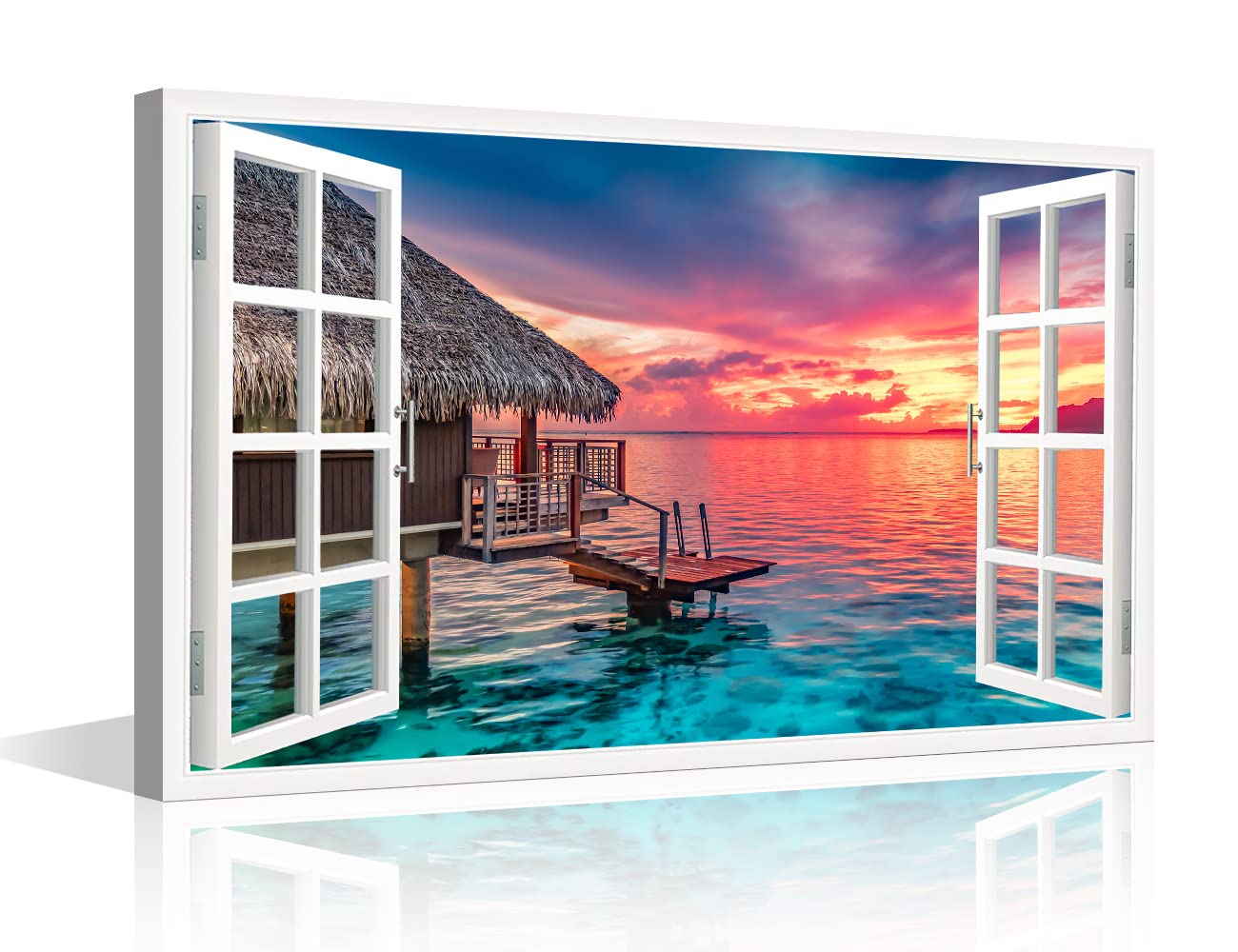 TISHIRON 3D Window Effect Colorful Sunset Sky with Clouds Lagoon Landscape Pictures View Wall Art for Living Room Canvas Art Wall Decor Natural Painting Stretched Framed Ready to Hang 16x24inch — image 1