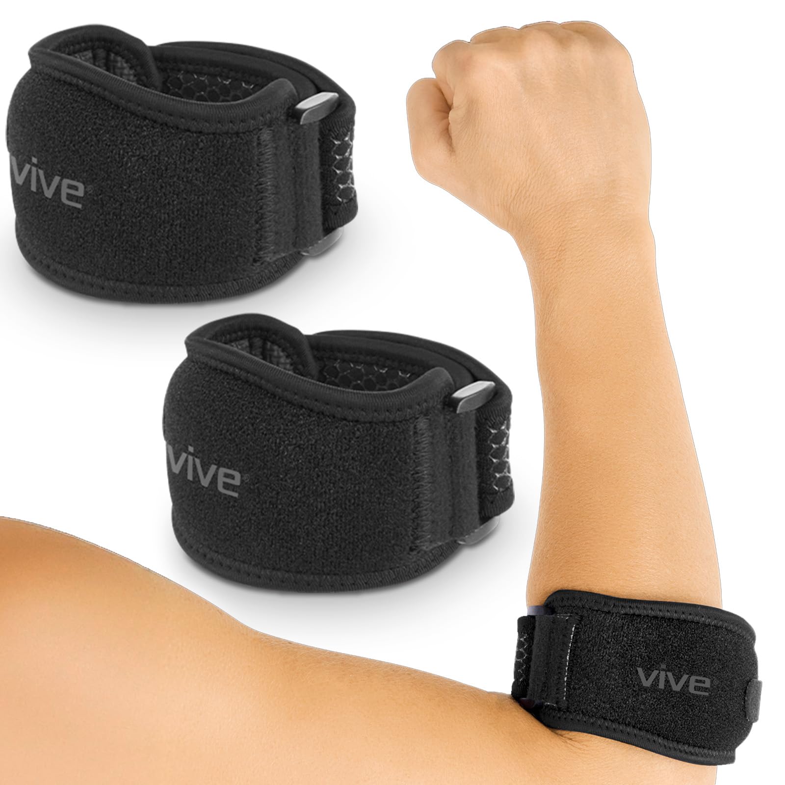 Vive Tennis Elbow Brace (Pair) - Rheumatoid Arthritis Strap For Bursitis, Golfers, Lateral & Medial Epicondylitis, Tendinitis - Padded Compression Arm Support Band (Black)
